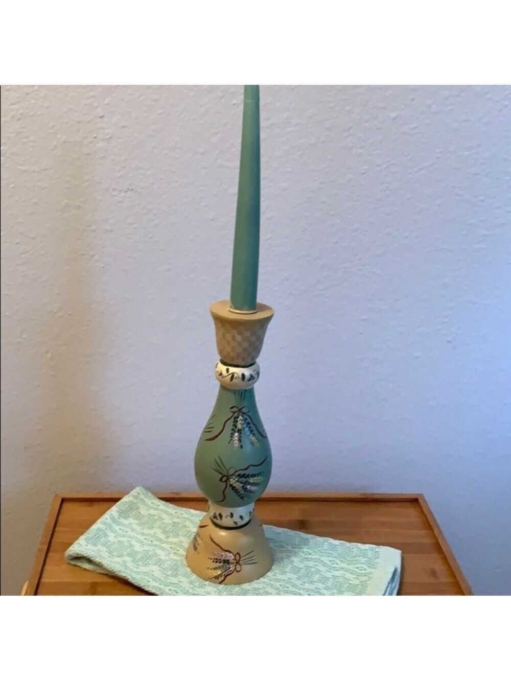 Vintage Green Gold Painted Candlestick Floral Cottage Core